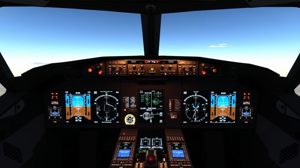 Cockpit view of modern flight simulator aircraft with active avionics and blue sky horizon, ideal for beginners