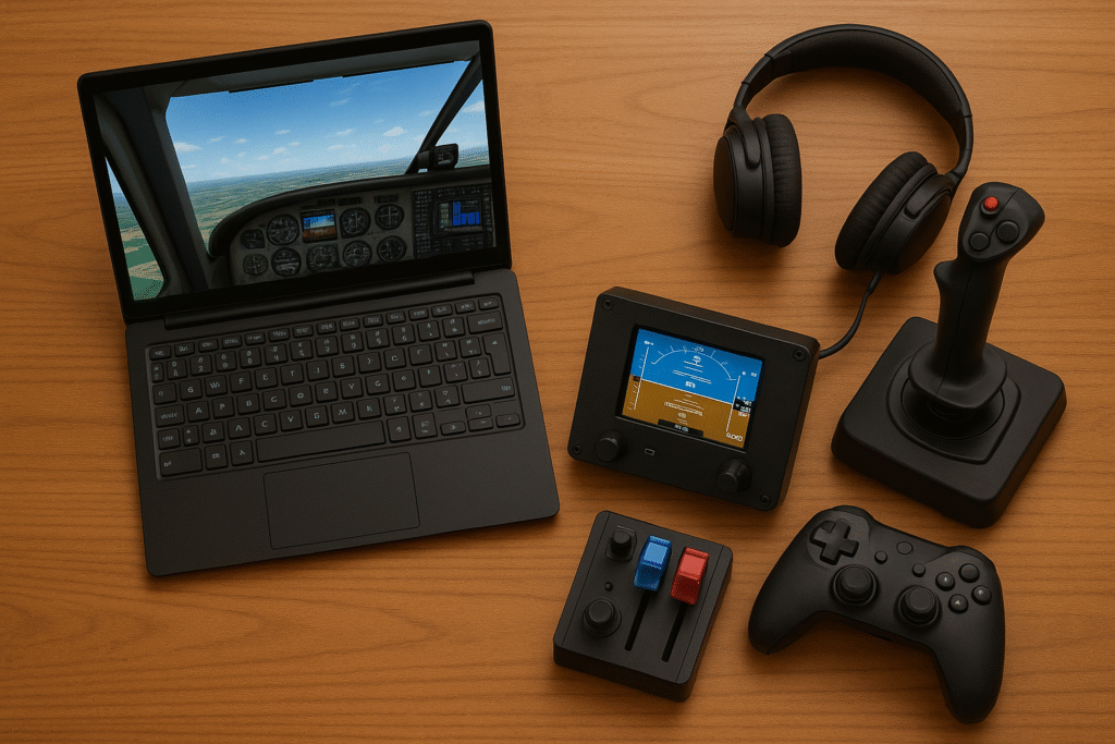 Flight simulation beginner setup with laptop displaying virtual cockpit, headphones, joystick, instrument panel, throttle controller, and gamepad