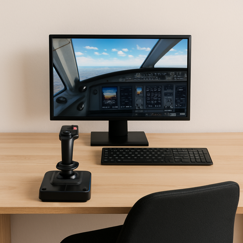Minimal joystick and monitor setup with flight simulator running on screen