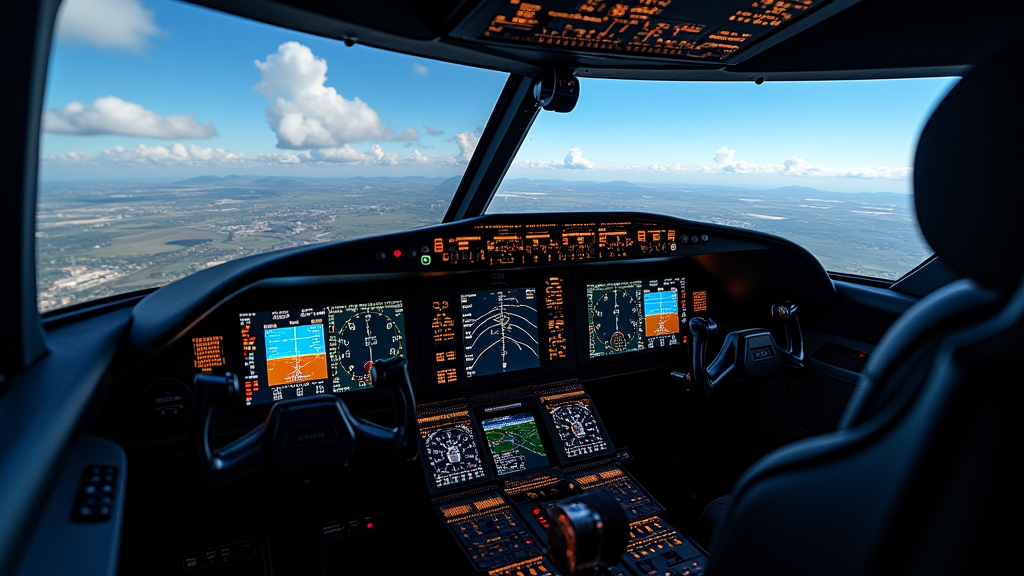 Modern flight simulator cockpit showing live in-flight instrumentation during climb