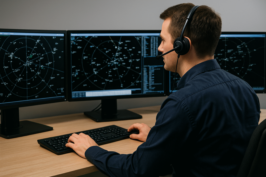 Air traffic controller using dual radar screens and headset in ATC simulation setup