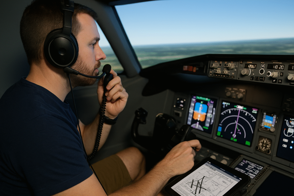 Flight simulator pilot wearing headset and communicating via ATC while referencing tablet chart