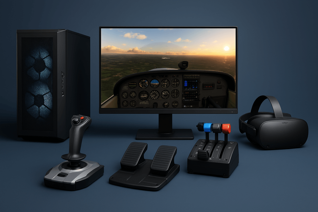 A clean and modern desktop flight simulation setup featuring a joystick, throttle quadrant, rudder pedals, and dual monitors displaying a virtual cockpit, representing essential components for beginner flight sim enthusiasts.
