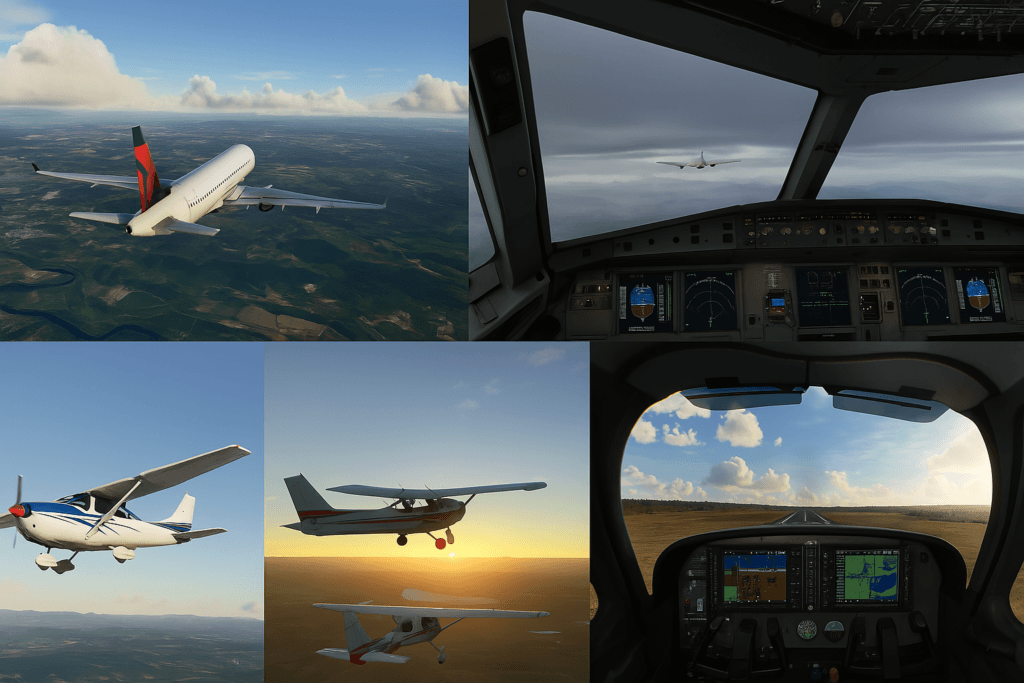 A digital collage showing five realistic flight simulator screenshots representing beginner-friendly programs, with a variety of aircraft, cockpit views, and scenic landscapes.