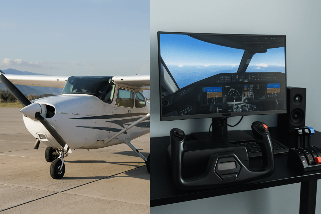 A side-by-side image comparing a real aircraft cockpit with a virtual flight simulator cockpit, showing the similarities in instruments and controls.