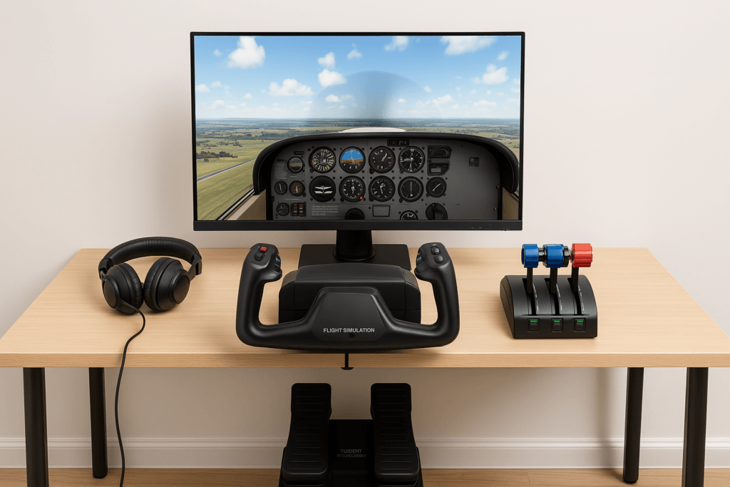 A clean flight simulation desk setup with a yoke, throttle quadrant, rudder pedals, and a large monitor arranged ergonomically on a wooden desk.