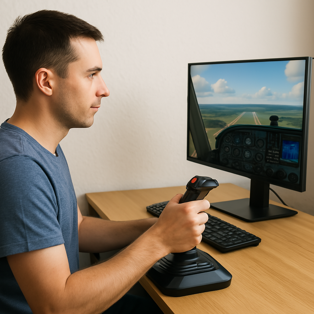 A new flight simulator user operating a basic setup with joystick and monitor in a home environment.