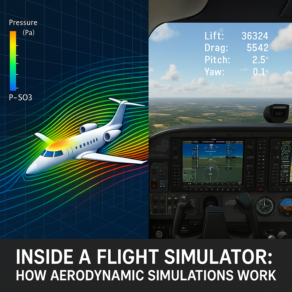 Split-screen illustration showing real-world airflow over an aircraft wing on one side and a virtual CFD (computational fluid dynamics) simulation interface on the other, highlighting how aerodynamic principles are tested and replicated in flight simulation software.