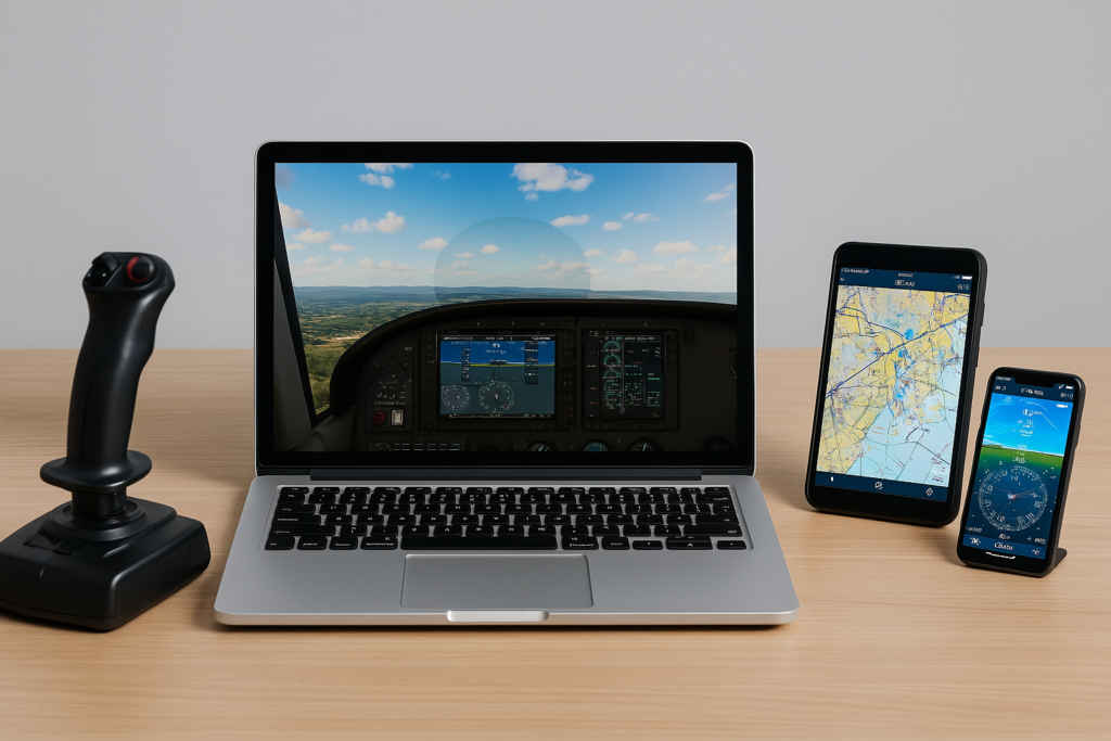 Laptop running flight simulator with joystick, tablet, and smartphone displaying navigation tools on wooden desk