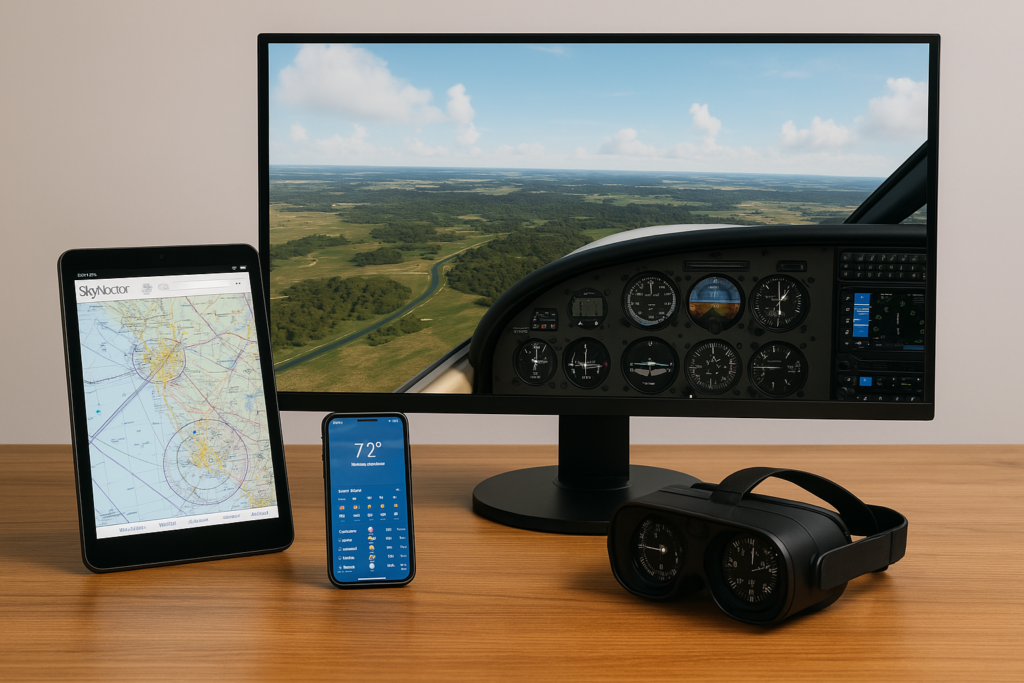Flight simulation setup with cockpit view on monitor, SkyVector map on tablet, and aviation weather app on smartphone