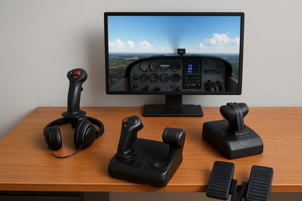 Home flight simulator setup with joystick, throttle quadrant, rudder pedals, and monitor displaying virtual cockpit
