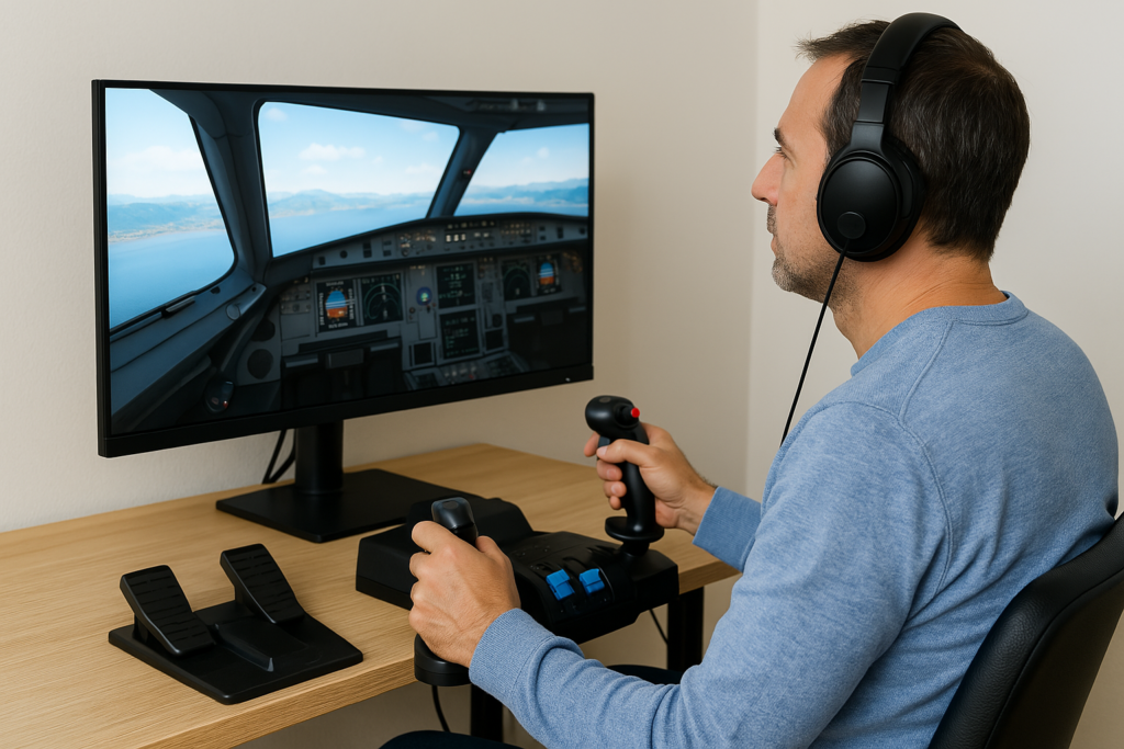 Person using home flight simulator with joystick, throttle quadrant, rudder pedals, and monitor showing virtual cockpit