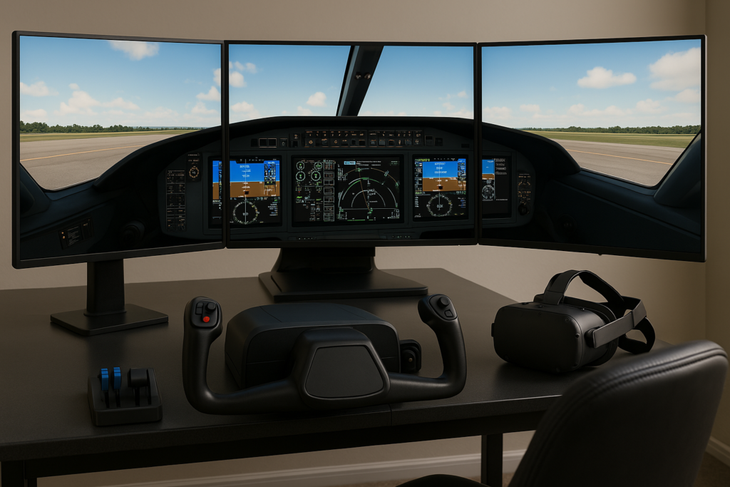 A detailed illustration of a flight simulation setup featuring a monitor, joystick, throttle, and rudder pedals, organized for optimal user experience.