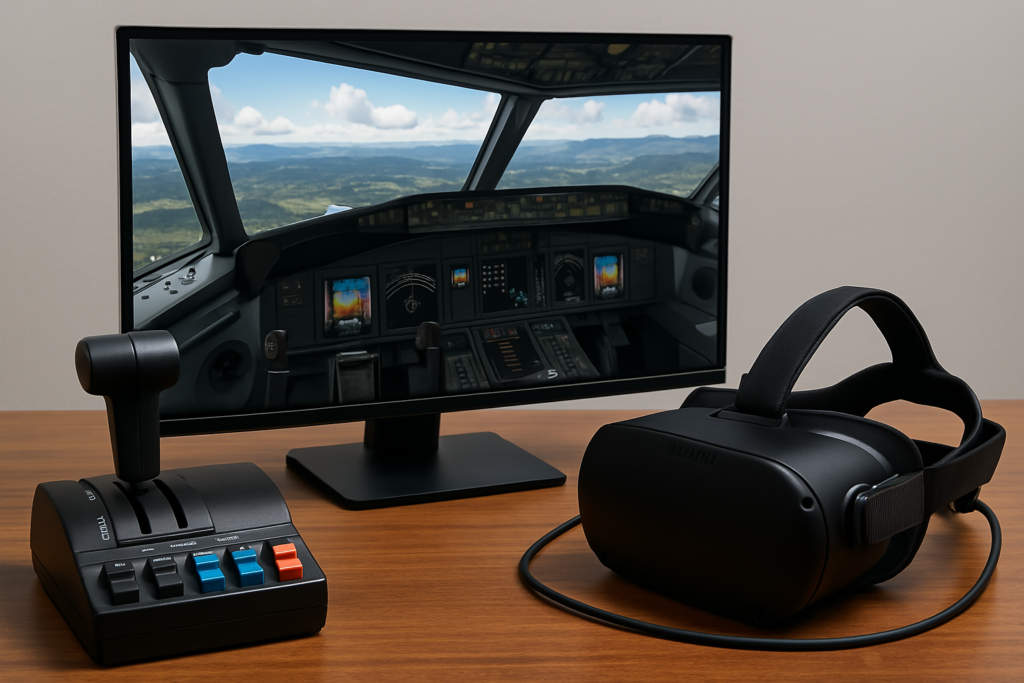 Flight simulation setup with cockpit view on monitor, SkyVector map on tablet, and aviation weather app on smartphone