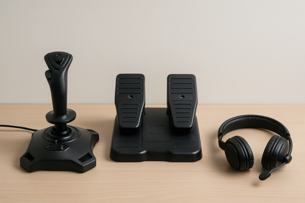 Essential beginner flight simulation tools including a joystick, rudder pedals, and headset neatly arranged on a desk in a clean, well-lit setting.