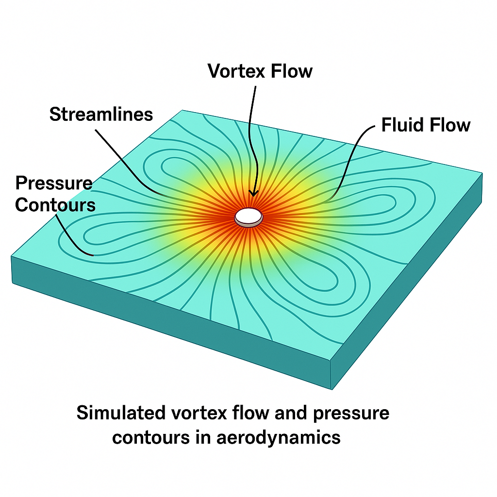 Simulated vortex flow diagram showing pressure contours and streamlines in aerodynamic fluid flow