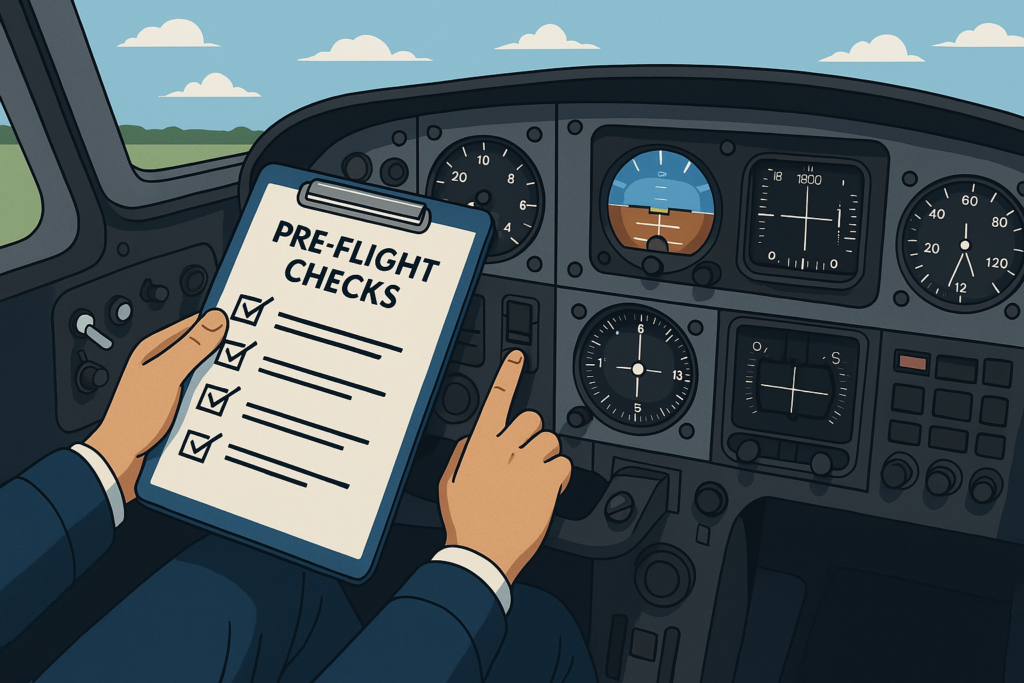 A pilot's hands performing pre-flight checks in a simulated cockpit, highlighting various controls and instruments.