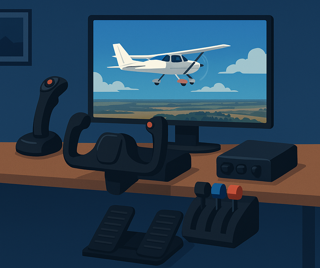 A detailed home flight simulator setup with a joystick, yoke, and rudder pedals, showcasing a realistic flying environment on the monitor.