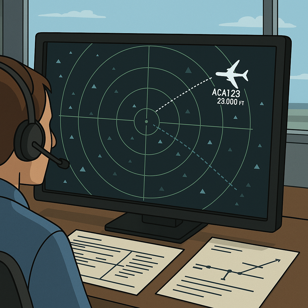 An air traffic control radar screen showing multiple aircraft paths, with a controller at work in an ATC room, highlighting the intricacies and importance of air traffic management in flight simulation.