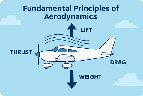 A simplified digital illustration showing key aerodynamic principles including lift, drag, thrust, and weight, with airflow lines over an aircraft wing.