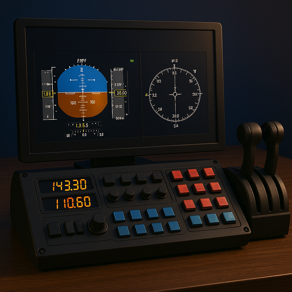 Advanced flight simulator control panel with throttle levers, EFIS display, radio stack, and configurable buttons