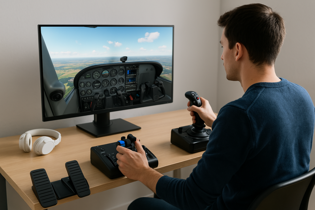 Experienced flight sim user with joystick, throttle quadrant, rudder pedals, and realistic cockpit view on monitor