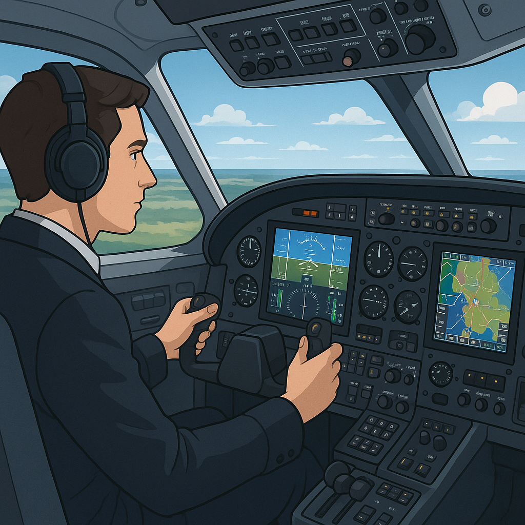 A focused pilot in a virtual cockpit adjusting controls during a flight simulator session, showcasing advanced instrumentation and realistic visuals.