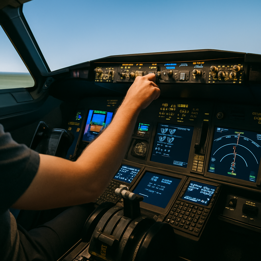 Pilot adjusting autopilot controls in an advanced flight simulator cockpit