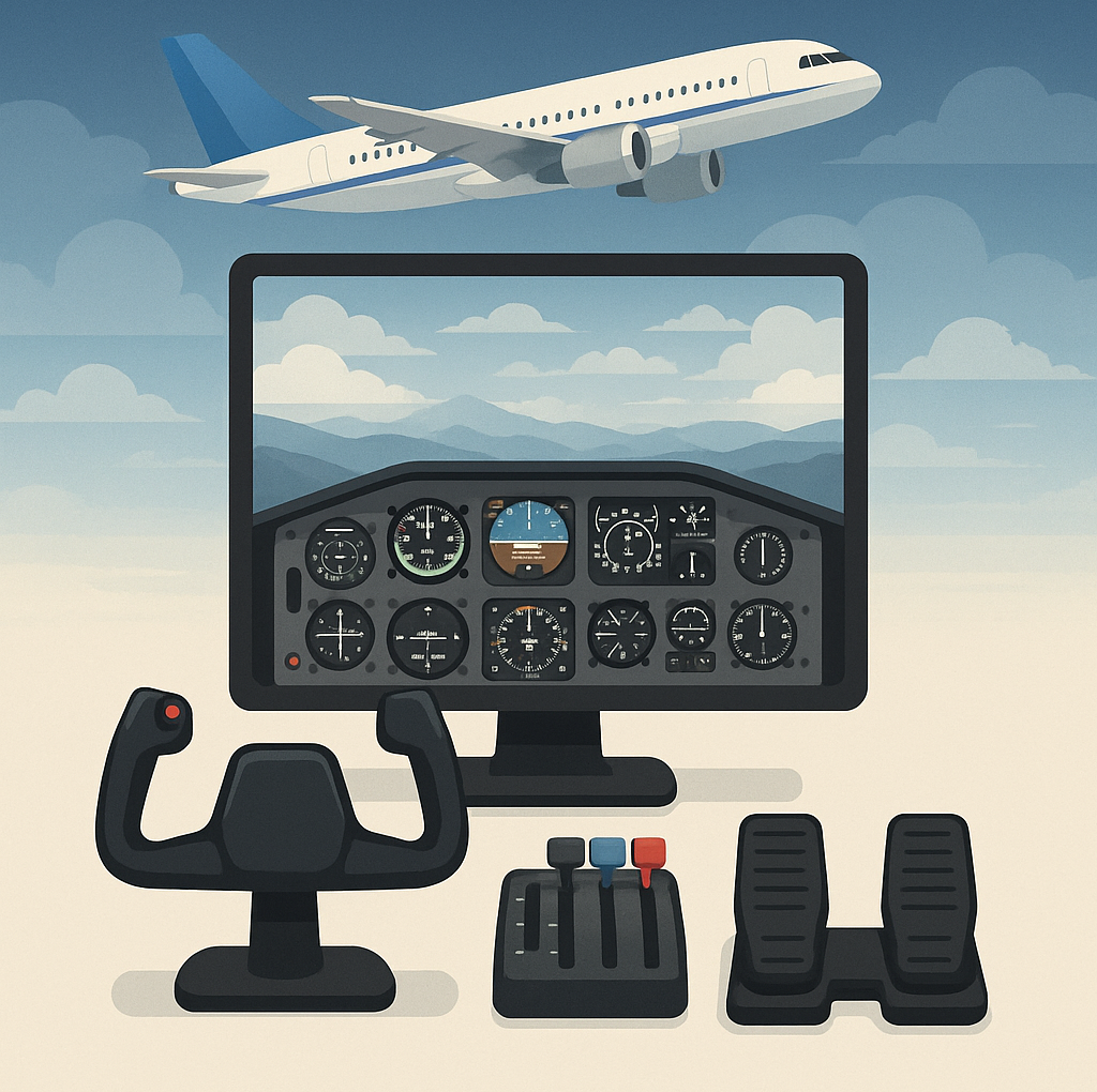 Detailed flight simulator setup with monitor, yoke, throttle quadrant, and rudder pedals, viewed under a clear sky with a jet flying above — symbolizing immersive simulation.