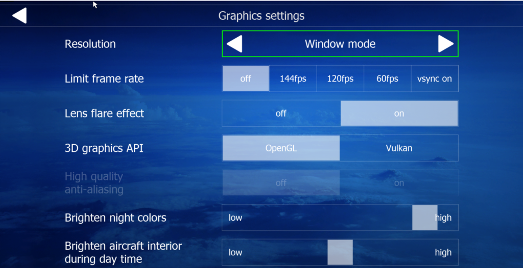 Aerofly FS 4 graphics settings configured for smooth performance on a mid-range laptop