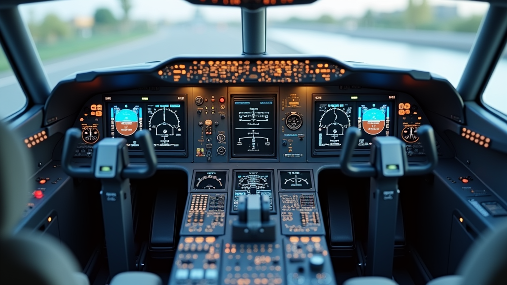 Fully lit Airbus-style flight simulator cockpit with active displays, illuminated panels, and dual side-sticks