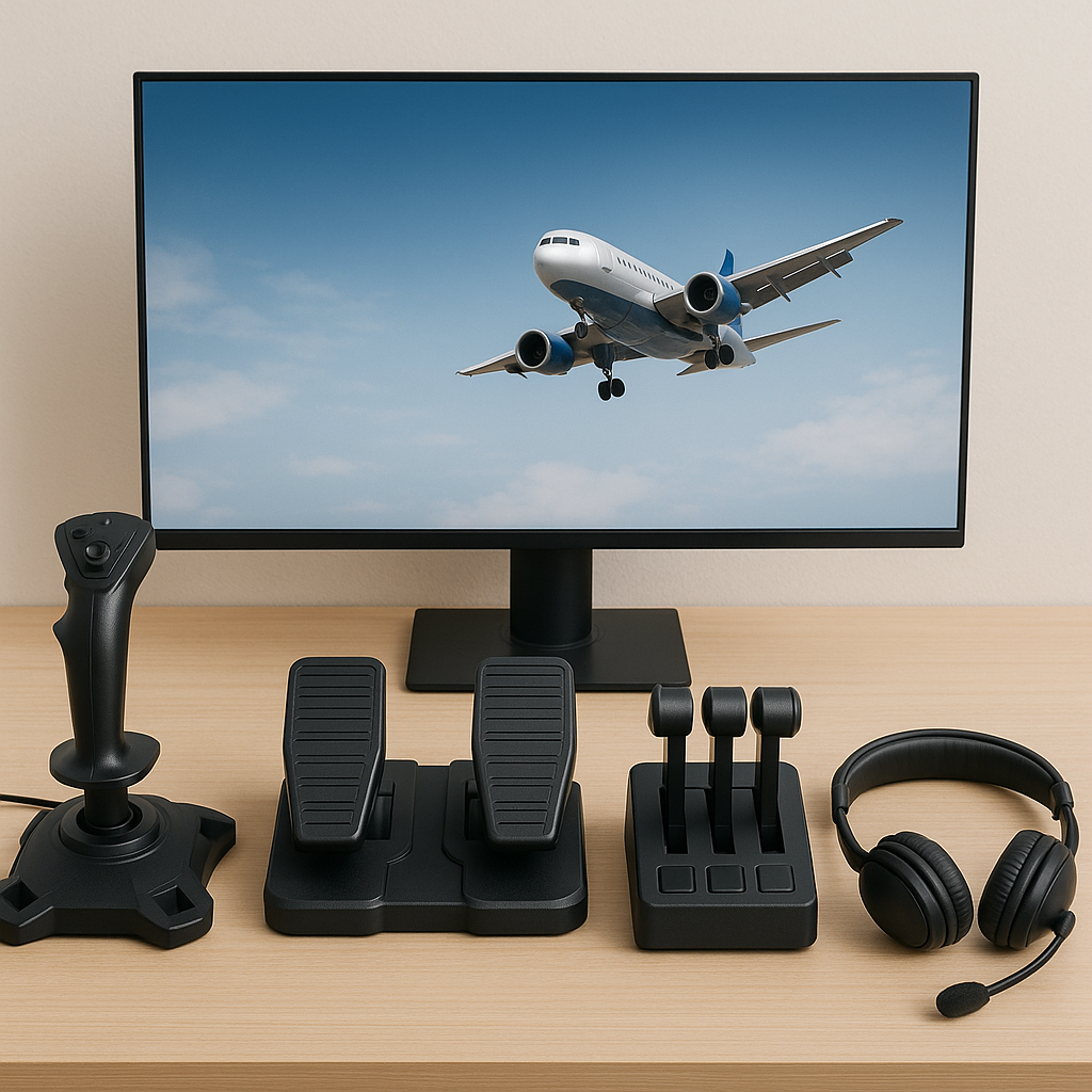 Essential flight simulator hardware including joystick, rudder pedals, throttle quadrant, headset, and monitor showing an airliner