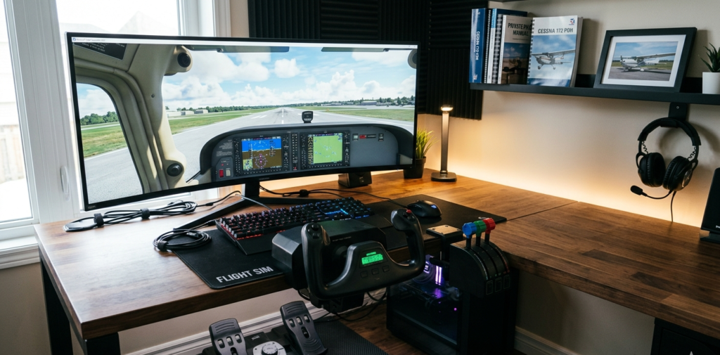 A high-quality, realistic flight simulation setup on a wooden desk featuring a wide curved monitor showing a cockpit view, a flight yoke, throttle quadrant, and rudder pedals under the desk.