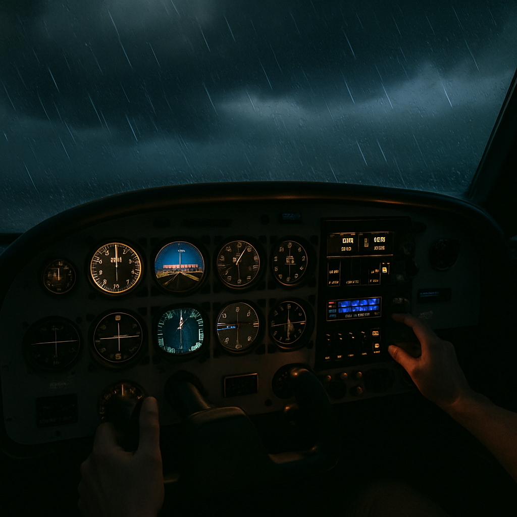 Immersive flight simulator cockpit scene showing illuminated instruments and a pilot navigating through low visibility weather, capturing the depth of advanced simulation scenarios.