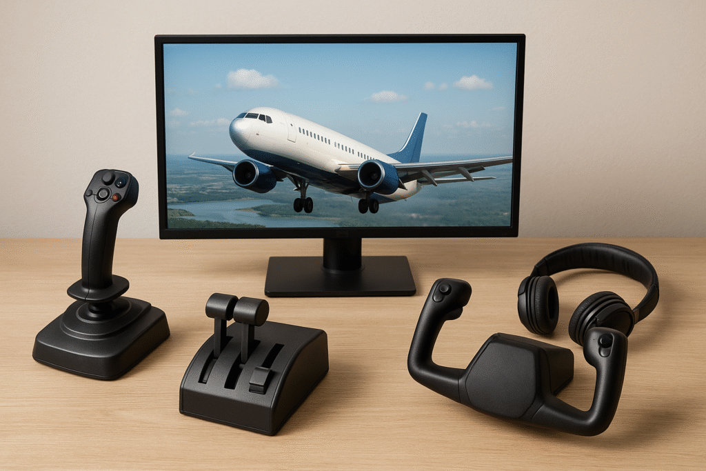 Realistic photo of a custom flight simulator setup with a joystick, throttle quadrant, yoke, headphones, and monitor showing an in-flight cockpit view