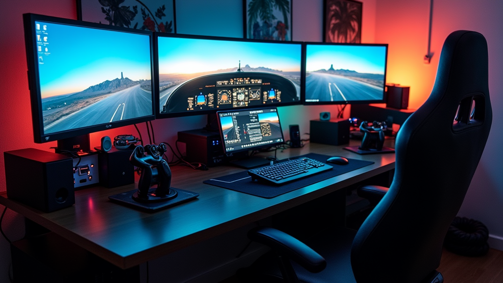 Custom home flight simulator with triple monitors, HOTAS controls, LED lighting, and ergonomic gaming chair