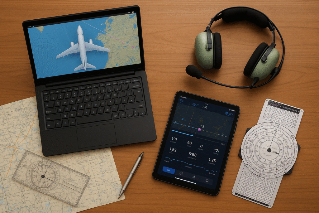 Flat lay of aviation tools for novice pilots including a laptop with flight path, aviation headset, tablet with navigation data, sectional chart, and E6B flight computer