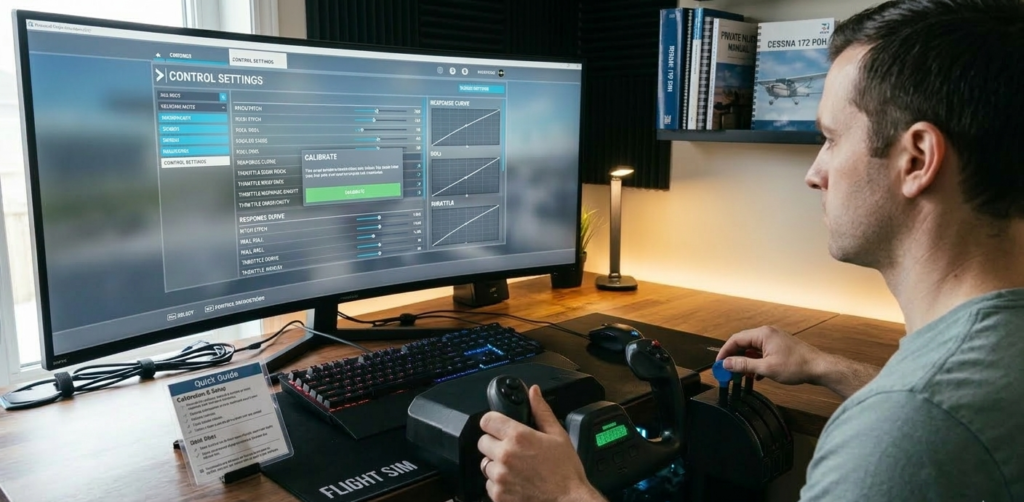 A man sitting at a desk and looking at a large computer screen while configuring flight simulator control settings. He is holding a flight yoke and adjusting a throttle quadrant, with a printed quick guide visible on the desk.