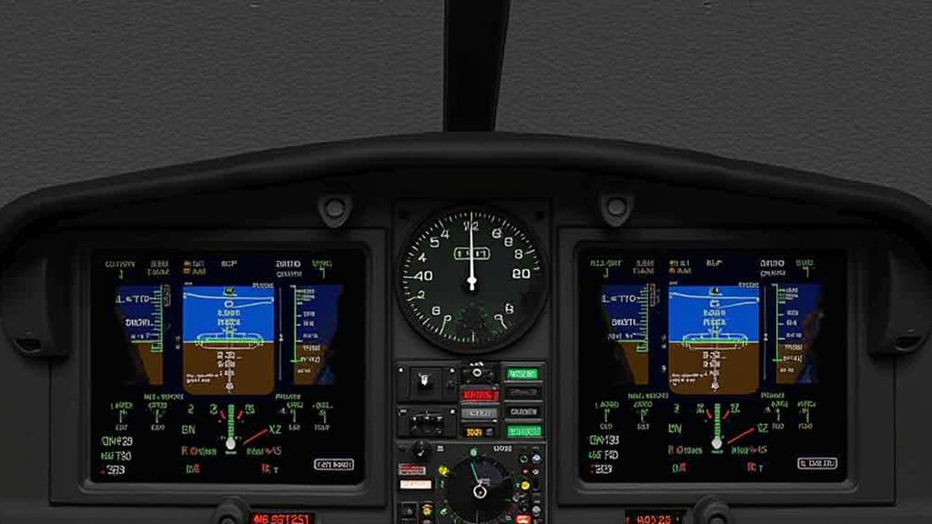 Close-up view of a flight simulator instrument panel displaying multiple digital gauges and metrics