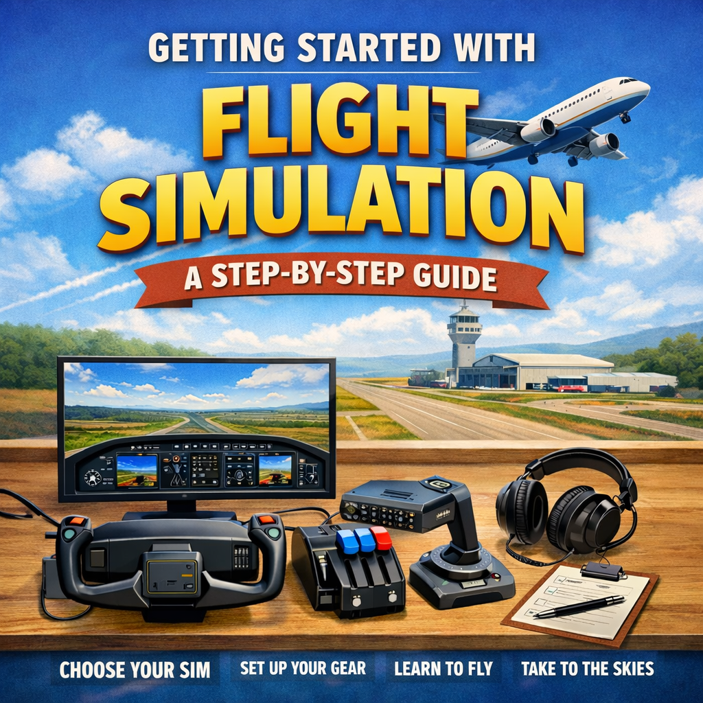 Flight simulator beginner setup showing a monitor with virtual cockpit, joystick, throttle quadrant, headset, and an aircraft taking off from an airport runway.