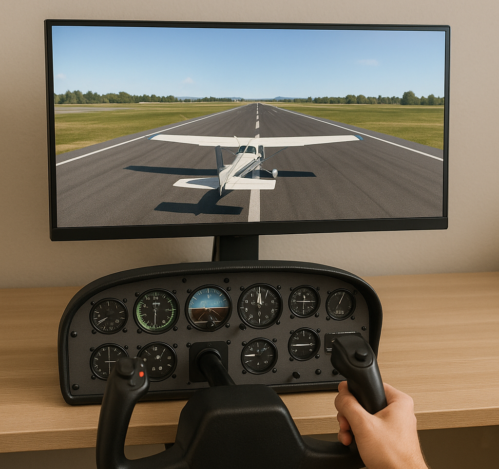 Essential beginner flight simulation tools including a joystick, rudder pedals, and headset neatly arranged on a desk in a clean, well-lit setting.