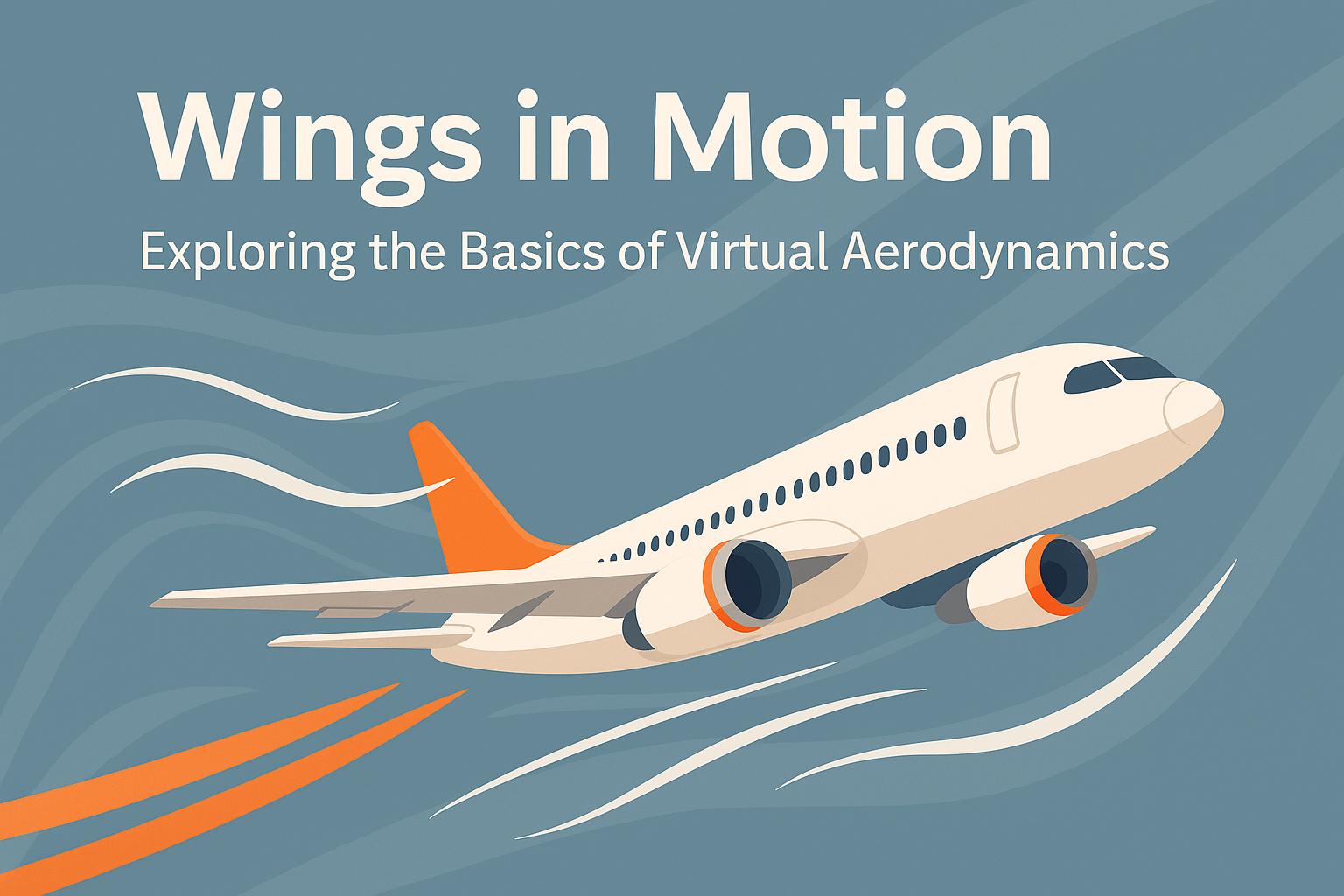 Stylized airliner in motion with airflow lines illustrating virtual aerodynamics