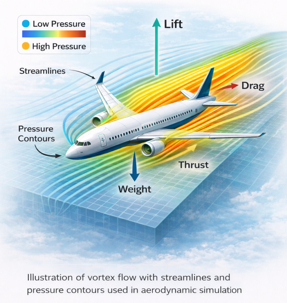 Illustration showing airflow, pressure contours, and lift, drag, thrust, and weight acting on an aircraft in an aerodynamic simulation.