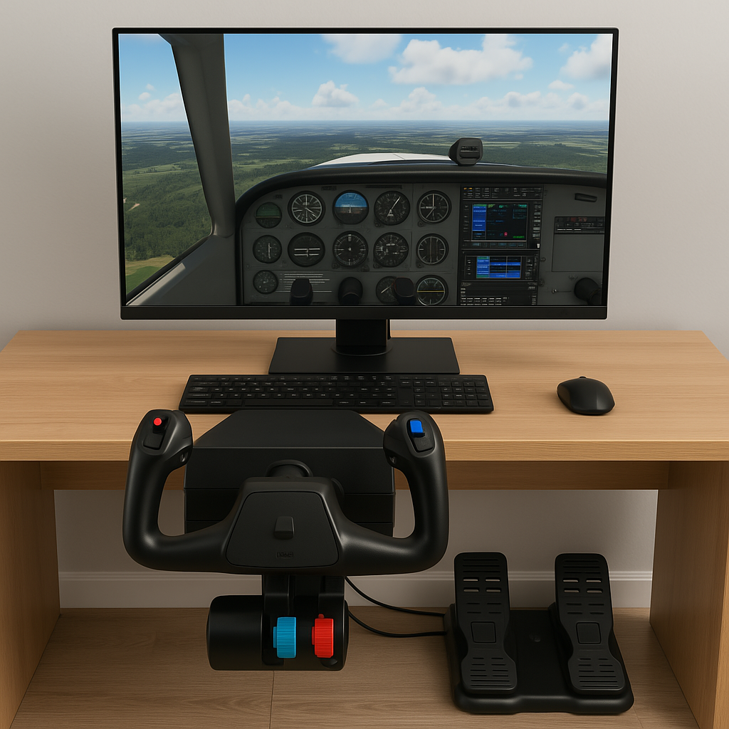 Home flight simulator setup with monitor, yoke, and rudder pedals