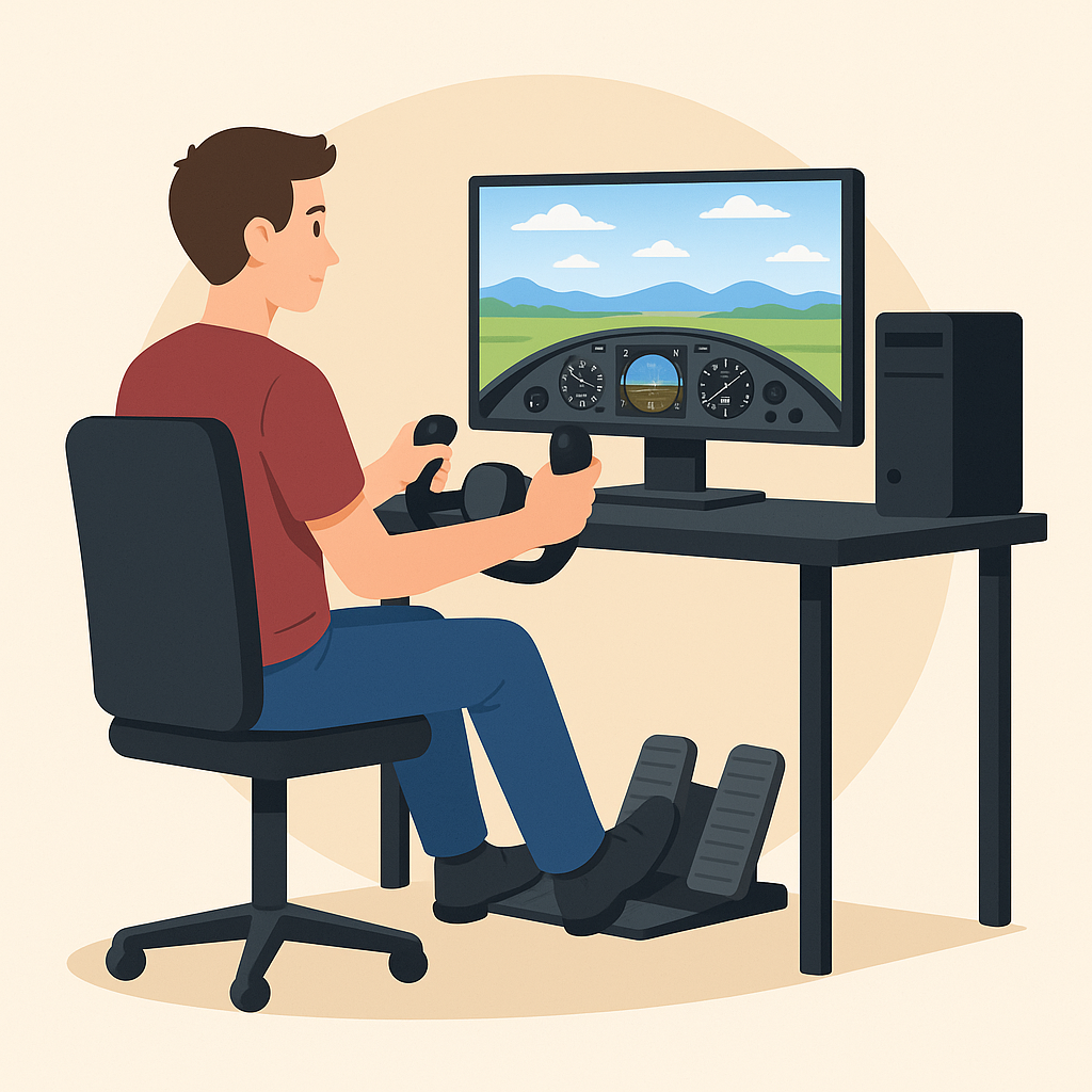 Beginner flight simulator setup with yoke, rudder pedals, and monitor