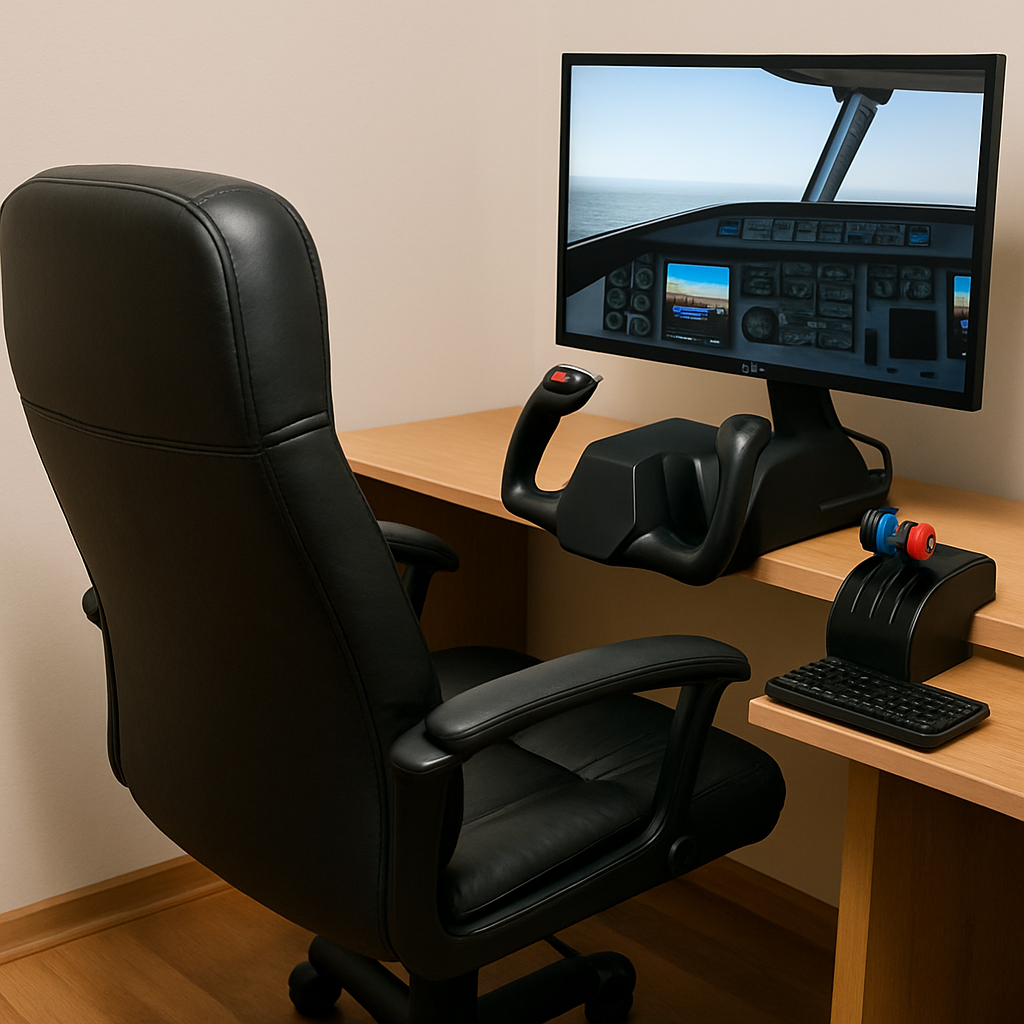 A well-positioned seat in a home flight simulator setup, aligned with controls and monitor to maximize comfort and immersion.