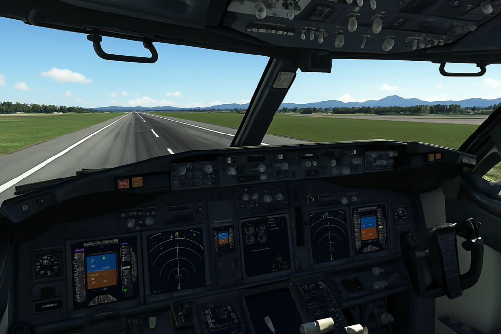 Virtual cockpit view of a flight simulator during takeoff