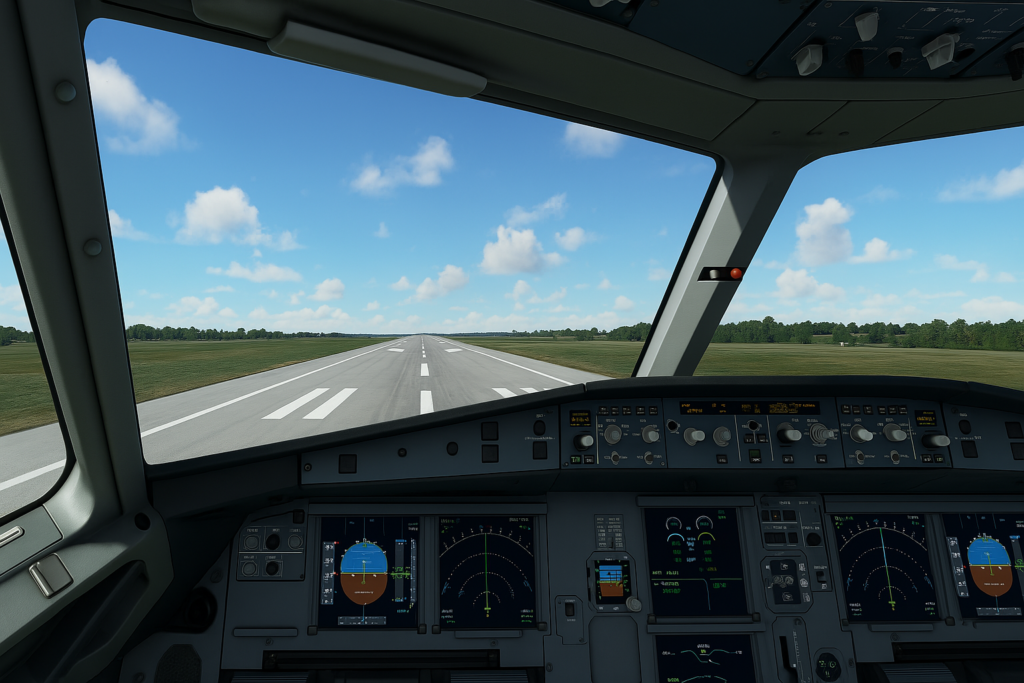 Flight simulator cockpit interface during takeoff with clear blue sky