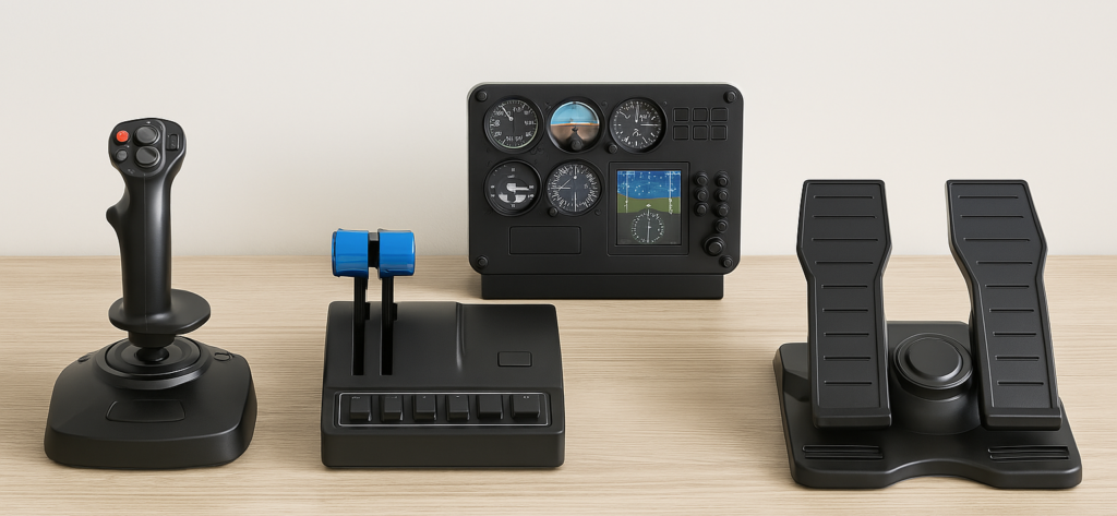 Flight simulator beginner adjusting aircraft controls before takeoff in a virtual cockpit setup