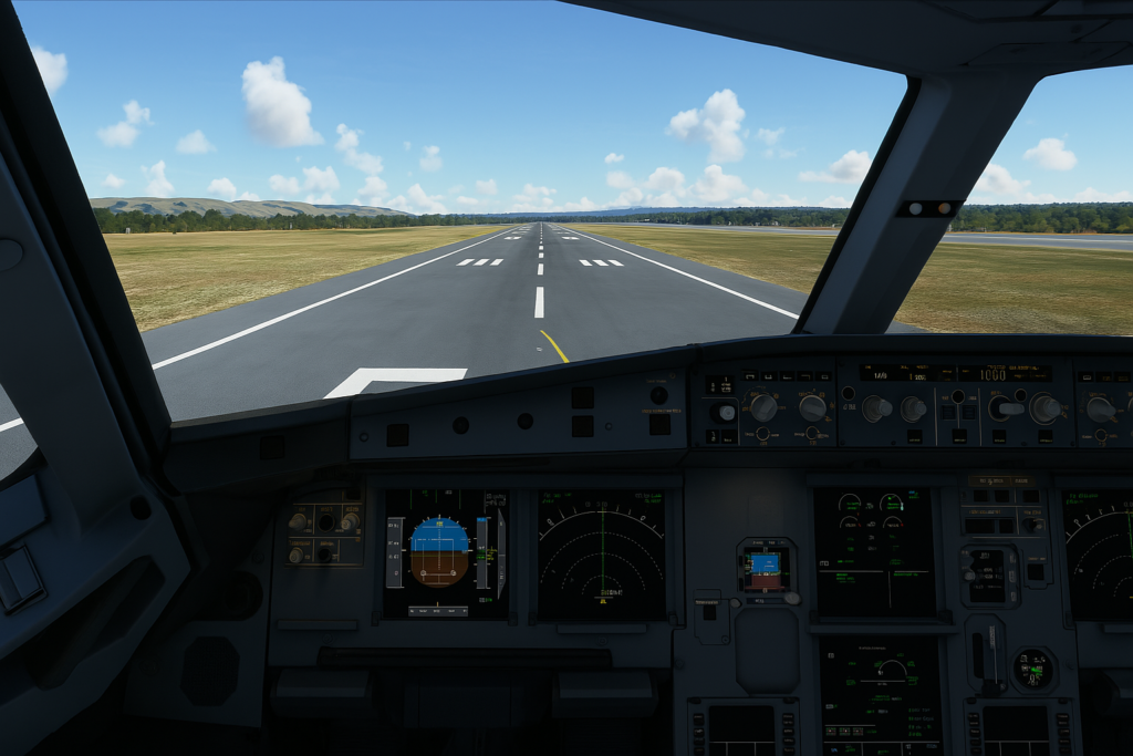 Bright cockpit view showing a virtual takeoff with visible instrument panel in a flight simulator